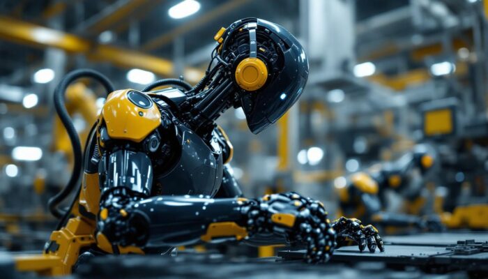 A photograph of a sleek industrial robot in action