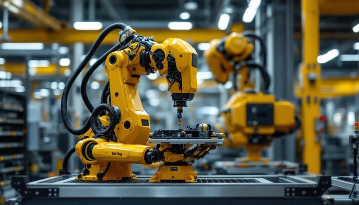 A photograph of a bos dog industrial robot in action within a modern manufacturing environment