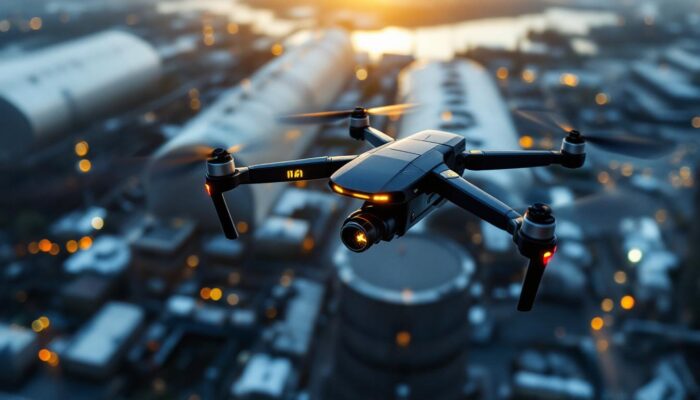 A photograph of a drone equipped with radiation detection sensors flying over an industrial site