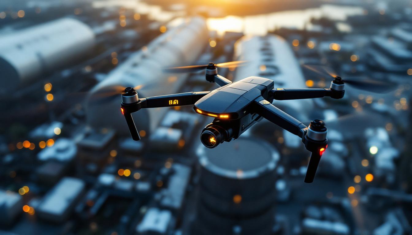 A photograph of a drone equipped with radiation detection sensors flying over an industrial site