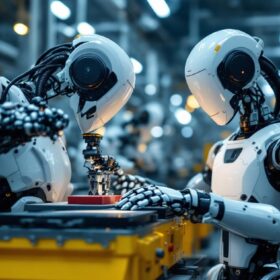 A photograph of a modern industrial robot in action within a manufacturing environment