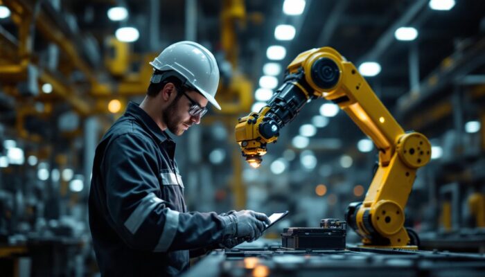 A photograph of a skilled technician working alongside an industrial robotic arm in a modern manufacturing facility