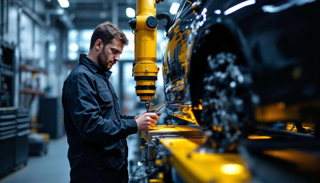 A photograph of a skilled technician performing a vehicle inspection using advanced industrial robotic equipment in a modern workshop setting