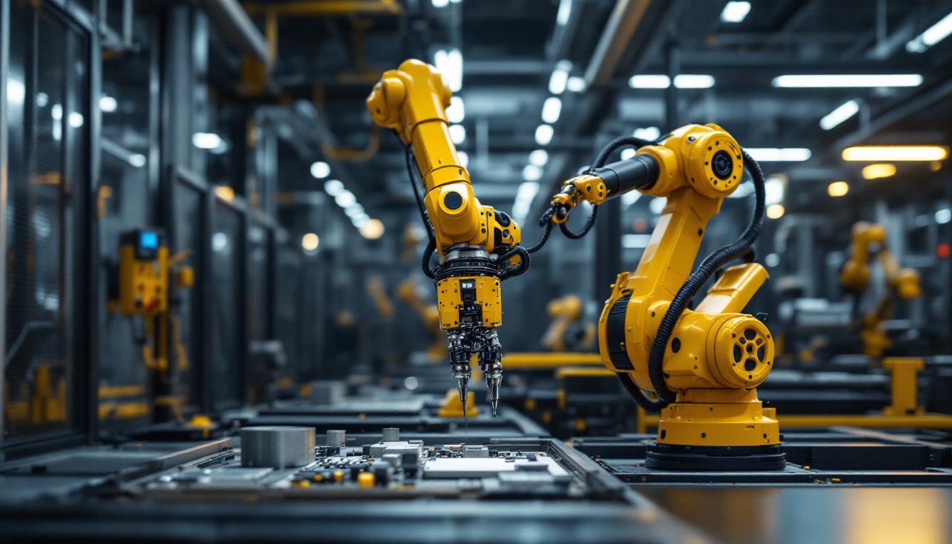 A photograph of a sleek industrial robotic arm in action within a clean