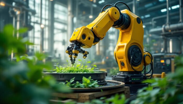 A photograph of a futuristic industrial setting where a robotic arm is actively manipulating bioenergy sources