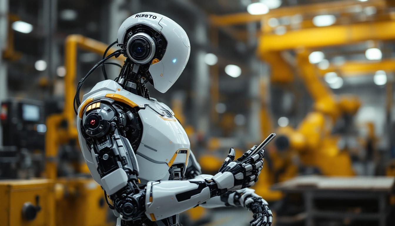 A photograph of a humanoid robot in an industrial setting
