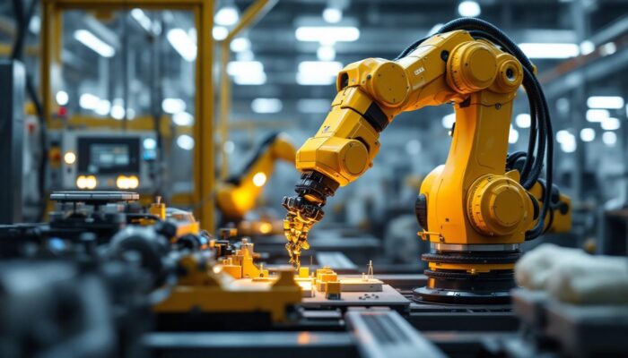 A photograph of a state-of-the-art industrial robotic arm in action within a manufacturing setting