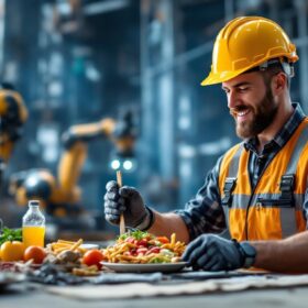 A photograph of a construction worker enjoying a hearty lunch on a job site