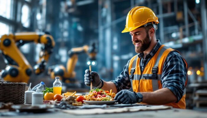 A photograph of a construction worker enjoying a hearty lunch on a job site