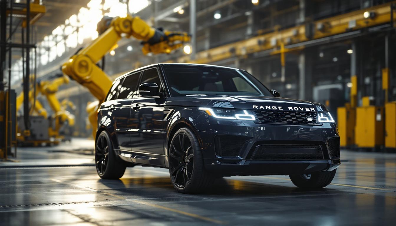 A photograph of capture a photograph of a sleek range rover sport parked in an industrial setting