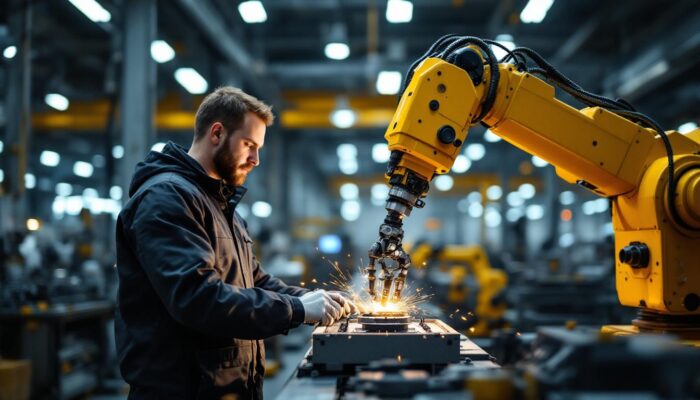 A photograph of a skilled machinist operating an industrial robot in a modern manufacturing facility