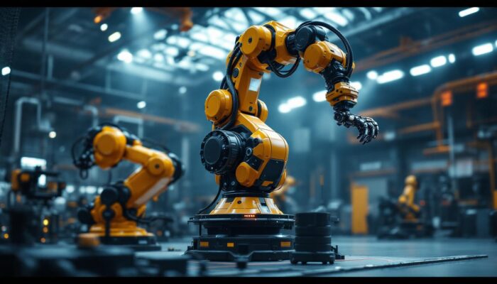 A photograph of a dynamic scene featuring an industrial robotic arm in action within a high-tech sports facility