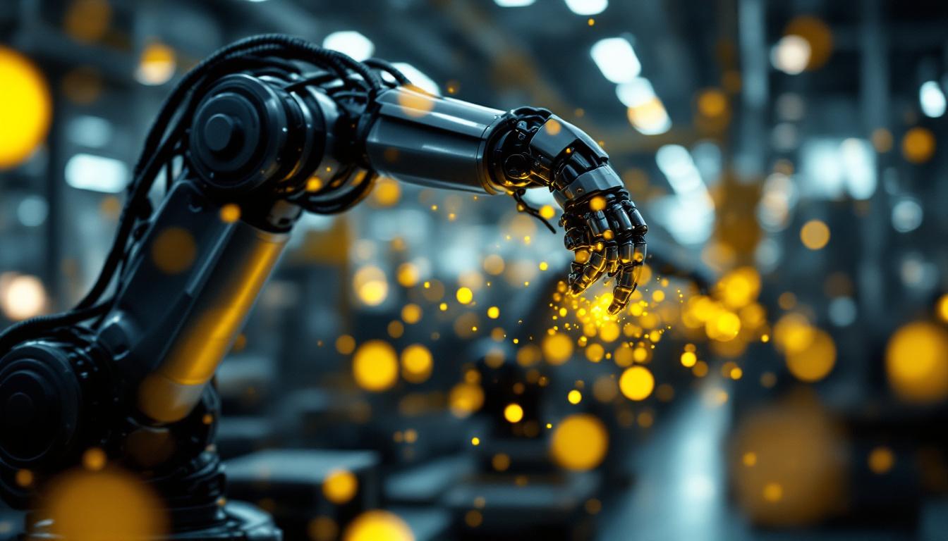 A photograph of a close-up of a robotic arm in an industrial setting