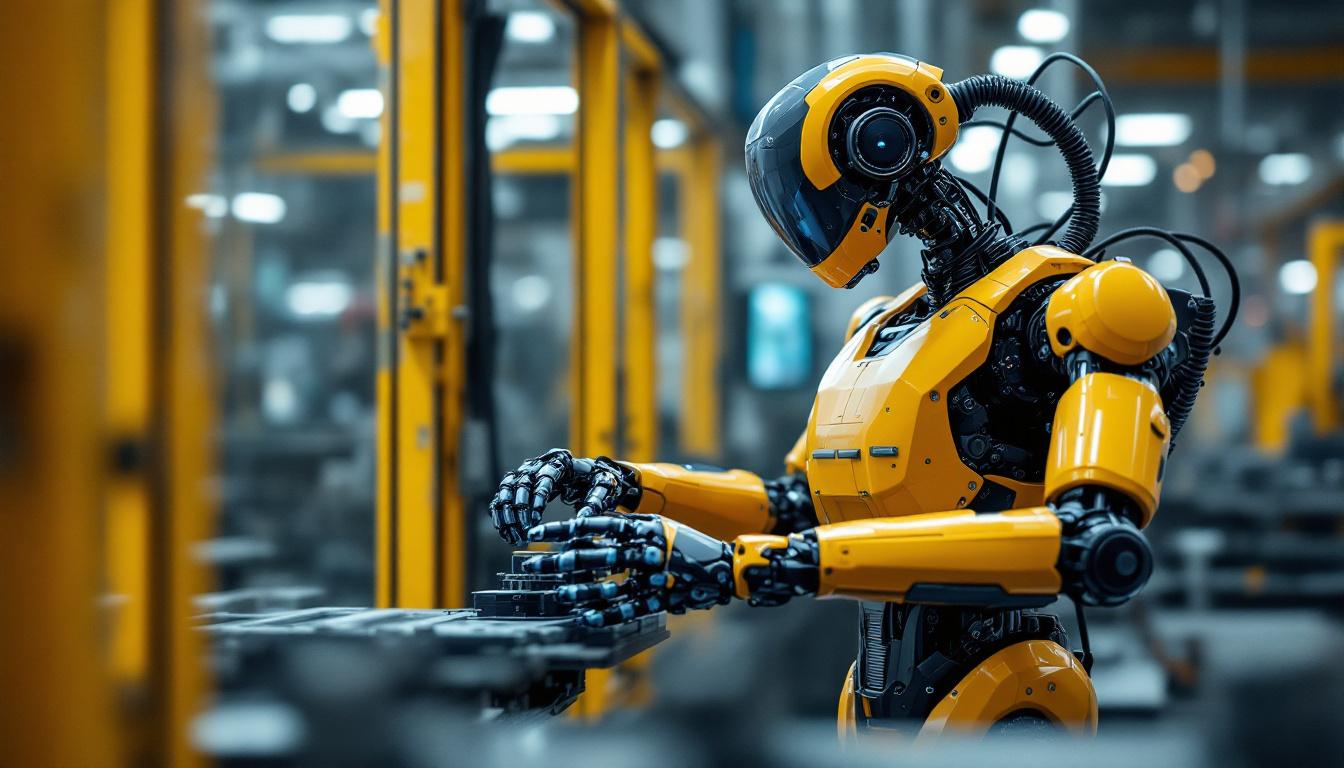 A photograph of a sleek industrial robot in action within a manufacturing setting
