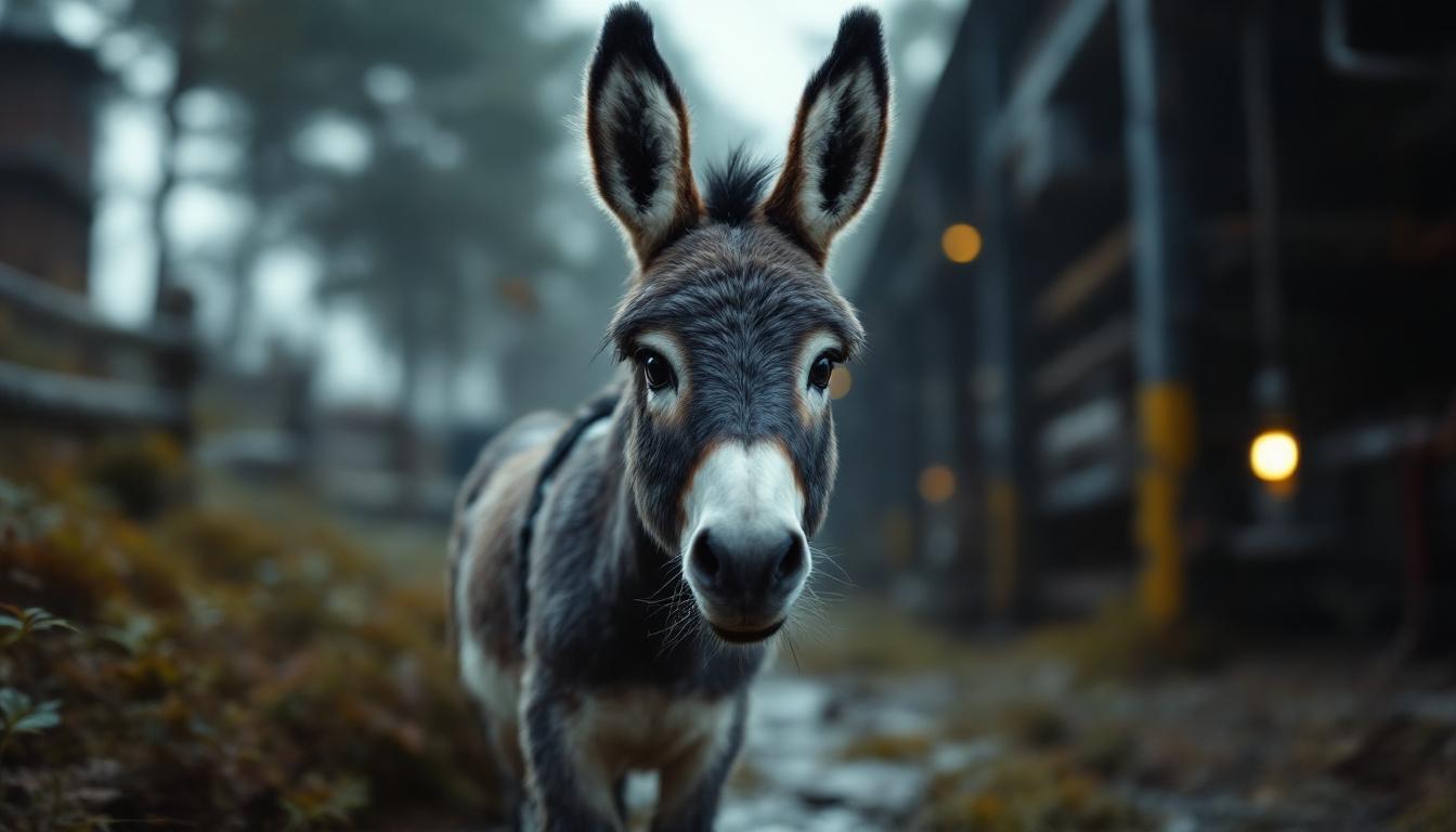 A photograph of a charming miniature donkey in a picturesque massachusetts setting