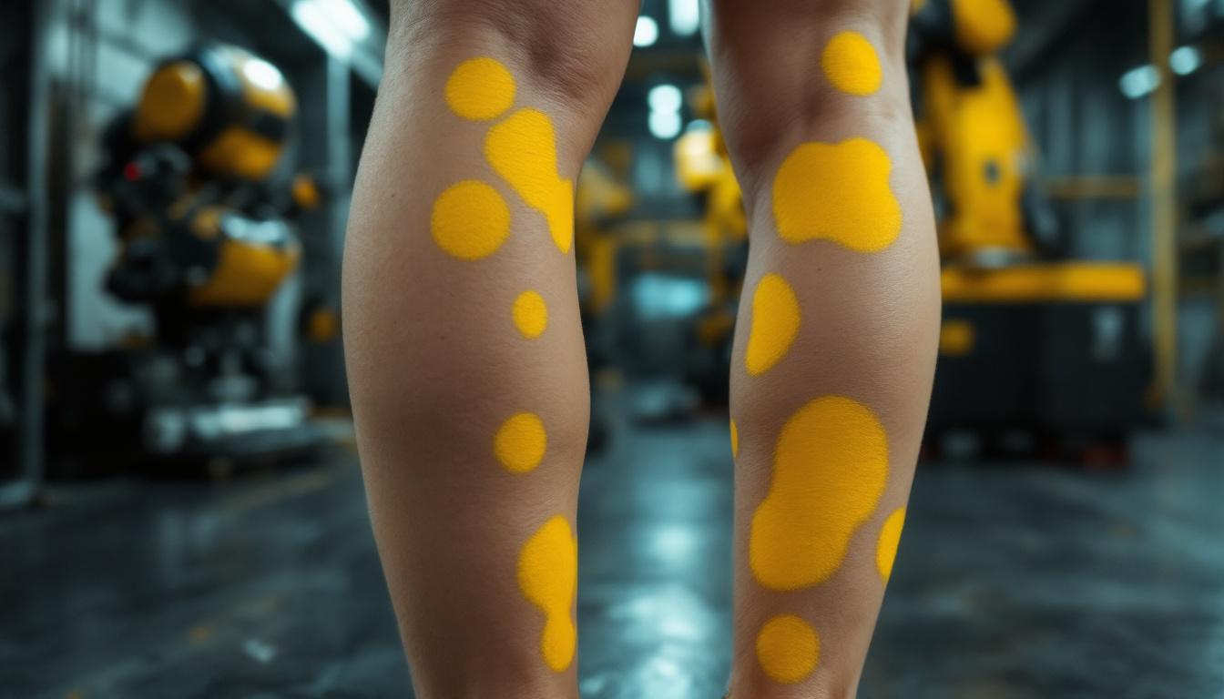 A photograph of a close-up of a person's legs showing distinct yellow spots
