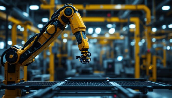 A photograph of a high-tech industrial robot equipped with a lidar focus system in action