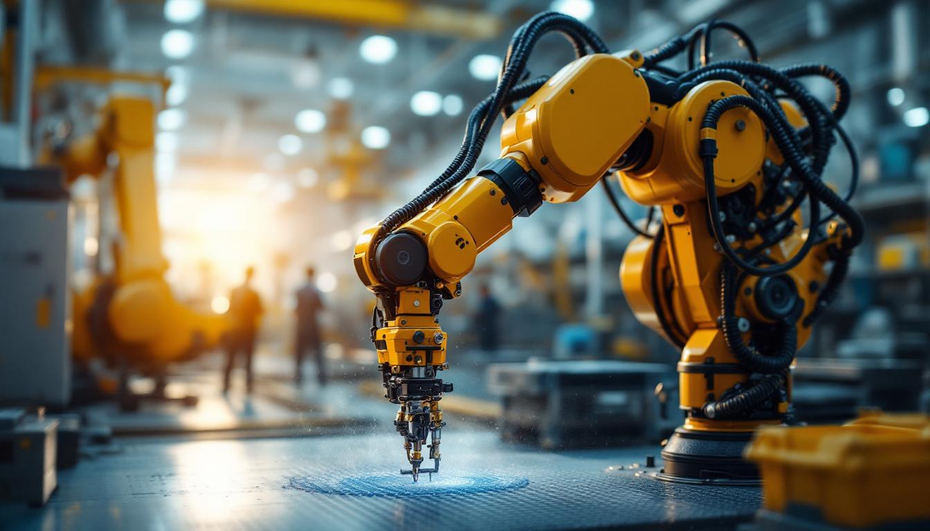 A photograph of capture a photograph of an industrial robot in action within a boston manufacturing facility
