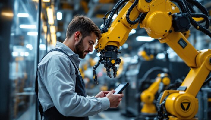 A photograph of a skilled technician programming or operating an industrial robot in a modern manufacturing setting