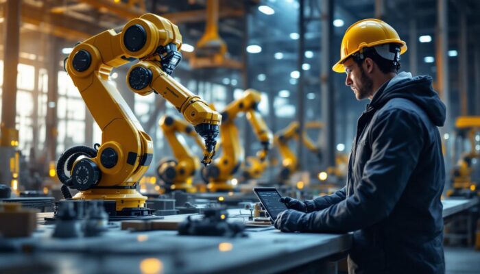 A photograph of a modern civil engineering workspace featuring advanced industrial robotics in action