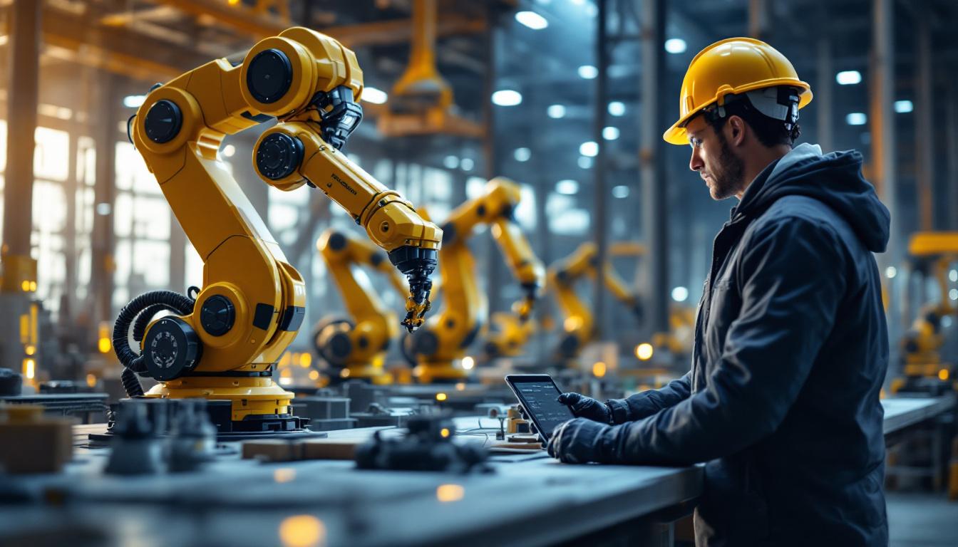 A photograph of a modern civil engineering workspace featuring advanced industrial robotics in action