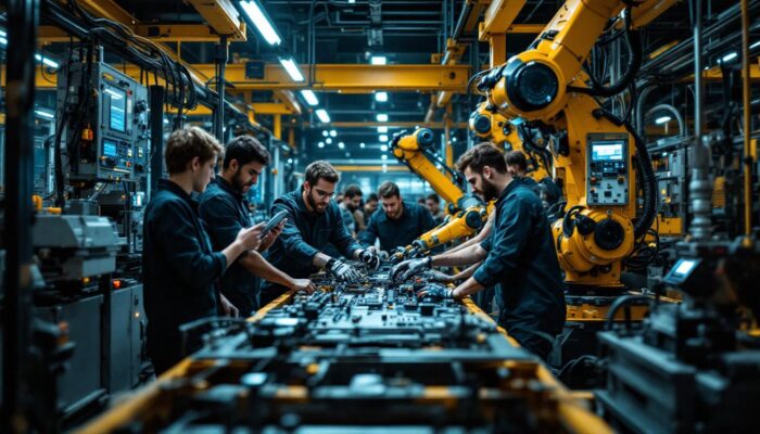 A photograph of a dynamic industrial setting showcasing a diverse group of engineering interns collaborating with advanced robotic systems