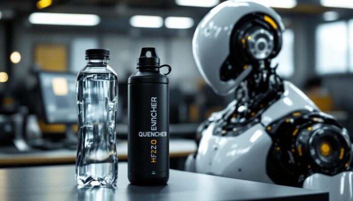 A photograph of capture a photograph of the quencher h2.0 40oz water bottle prominently displayed alongside a sleek industrial robot in a modern workspace