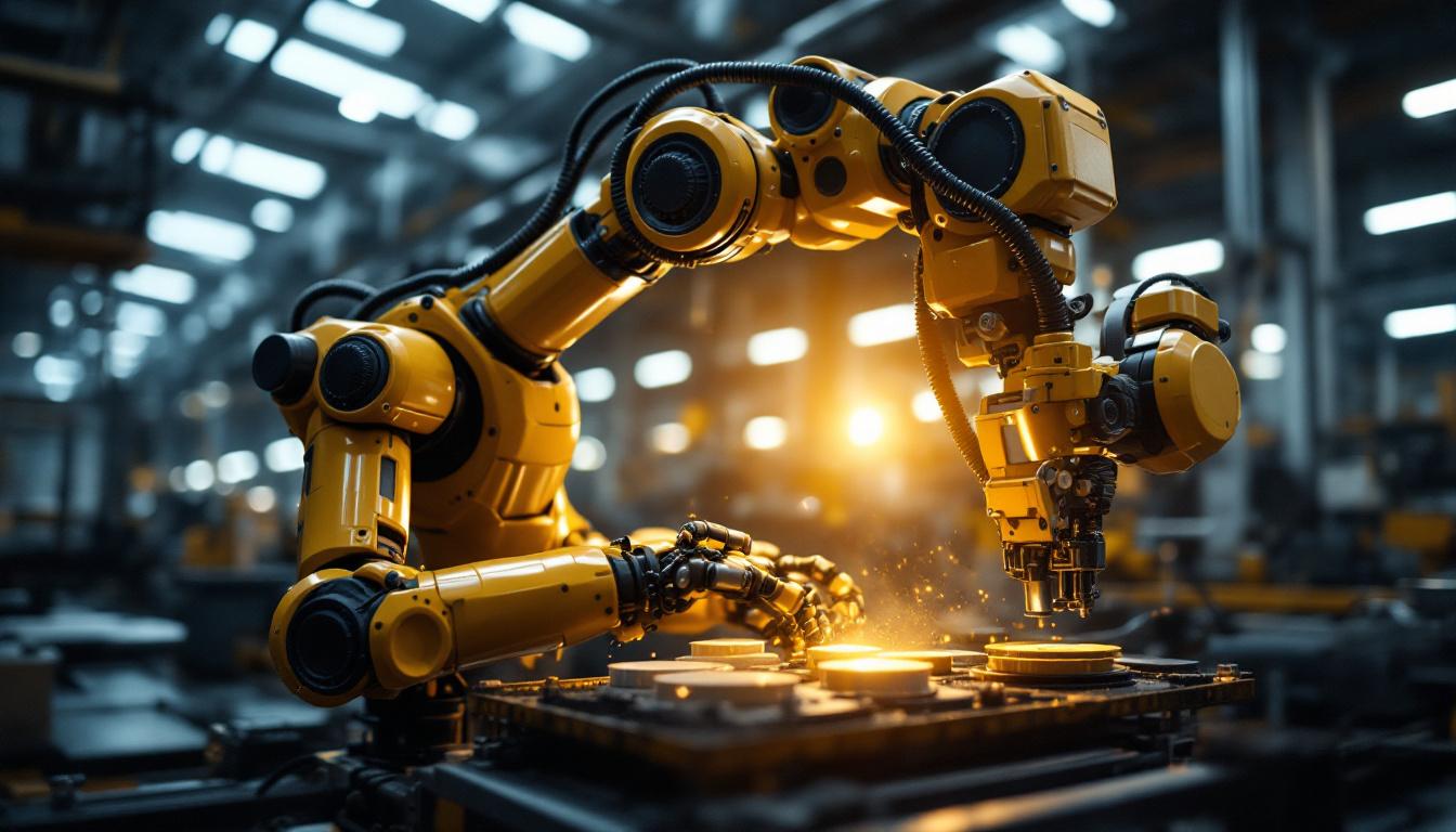 A photograph of a dynamic industrial robot in action within a manufacturing setting