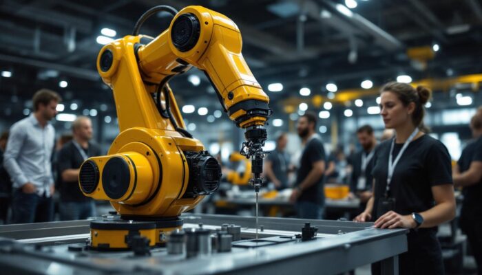 A photograph of a dynamic industrial robotics demonstration in action