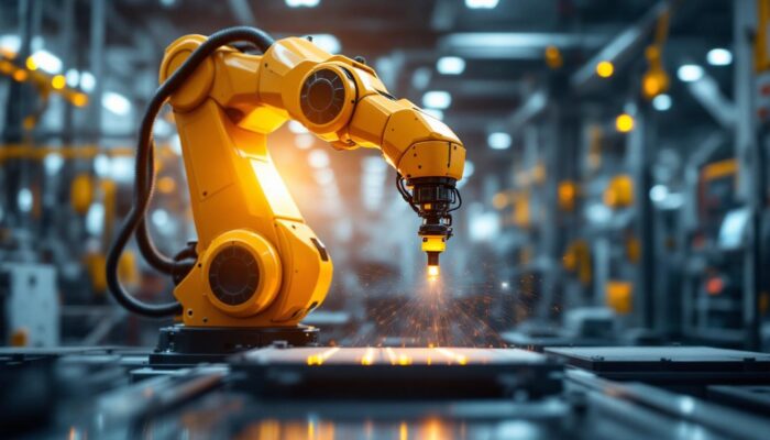 A photograph of a sleek industrial robotic arm in action