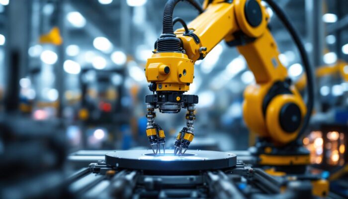 A photograph of a dynamic industrial robotic arm in action