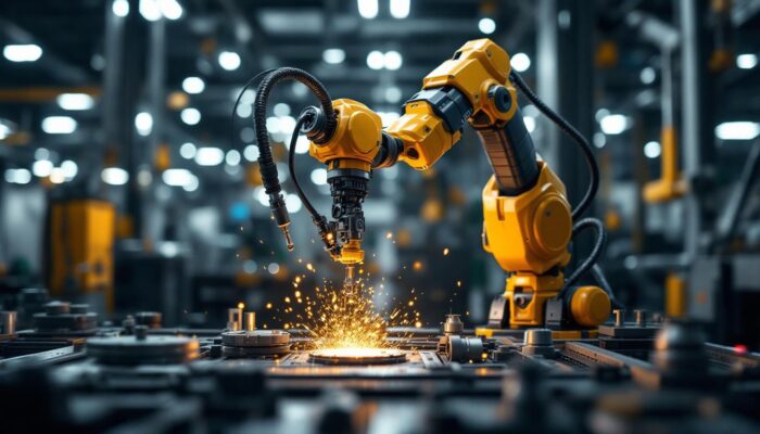 A photograph of a dynamic industrial robot in action