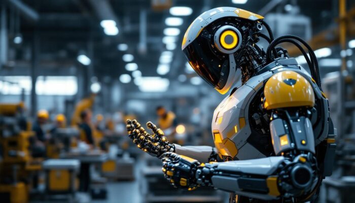 A photograph of a sleek industrial robot in action within a modern manufacturing facility