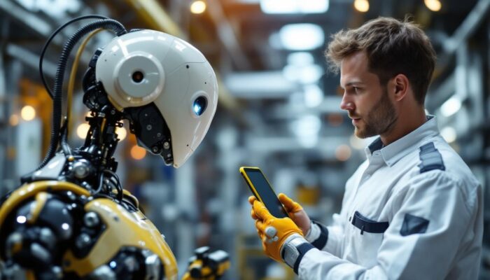 A photograph of a skilled robotic engineer working closely with an industrial robot in a modern manufacturing facility