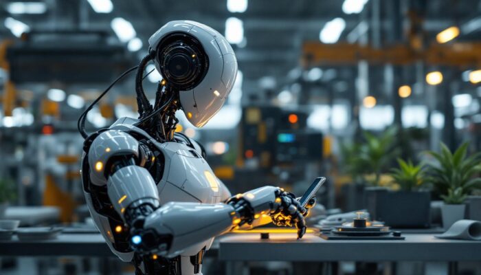 A photograph of a sleek industrial robot in action within a modern manufacturing environment