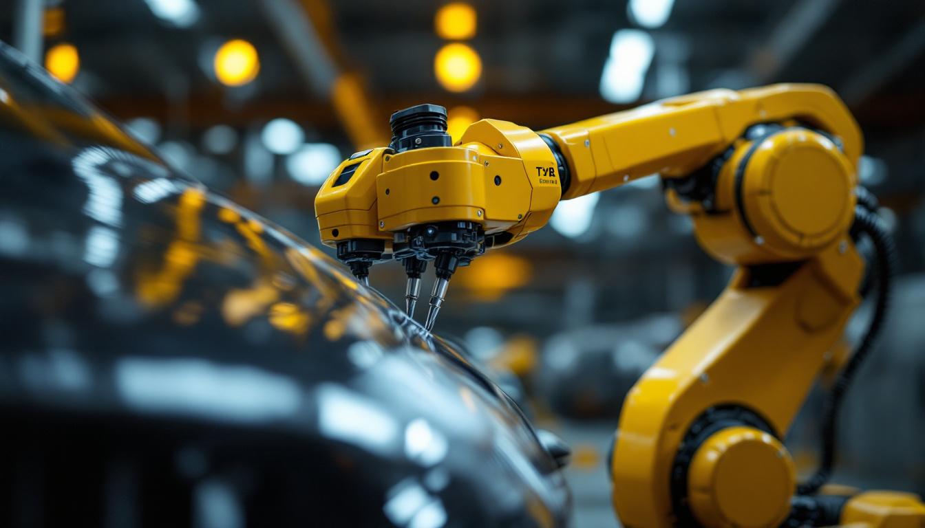A photograph of a sleek industrial robotic arm performing a safety inspection on a vehicle
