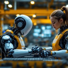 A photograph of a sleek industrial robot in action within a modern manufacturing facility