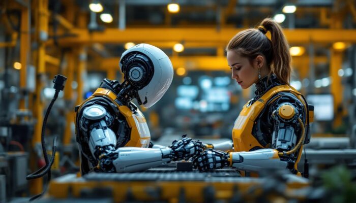 A photograph of a sleek industrial robot in action within a modern manufacturing facility