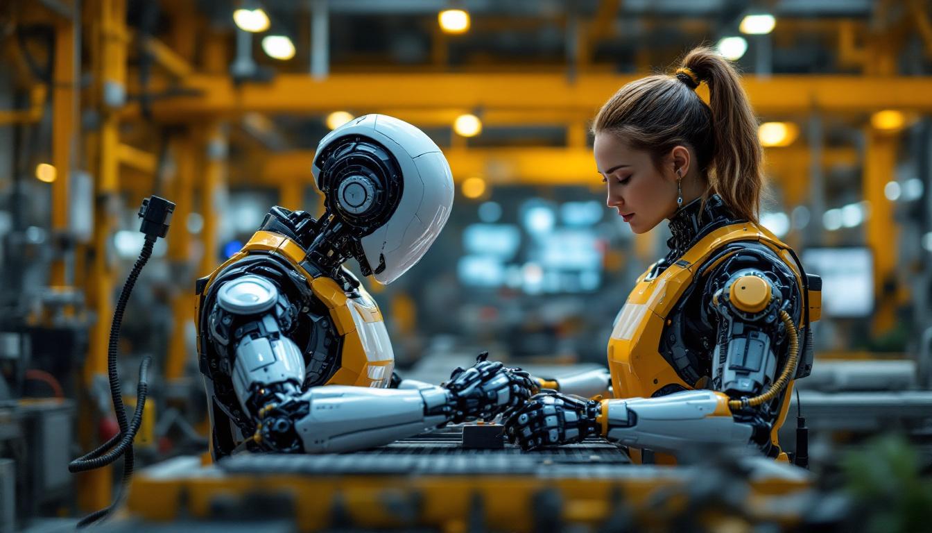 A photograph of a sleek industrial robot in action within a modern manufacturing facility