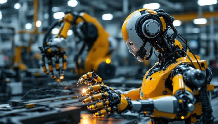 A photograph of an industrial robot in action within a manufacturing environment