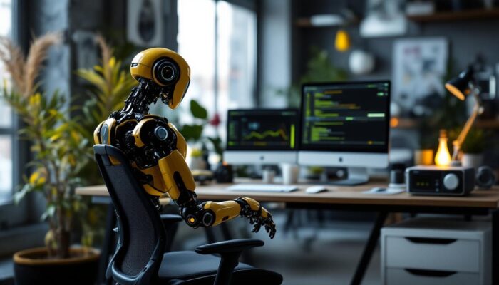 A photograph of a modern industrial home office setup featuring sleek robotic technology
