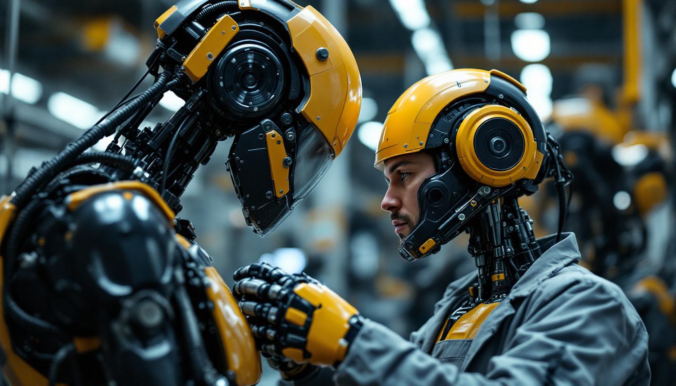 A photograph of a skilled technician performing maintenance on an industrial robot in a factory setting