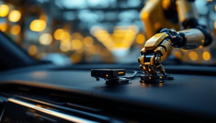 A photograph of a close-up of a car's dashboard with a smartphone dock connector visibly malfunctioning