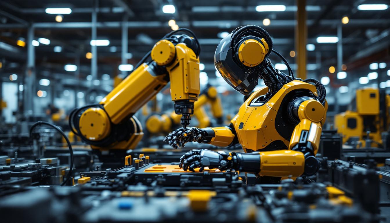 A photograph of a sleek industrial robot in action within a manufacturing environment