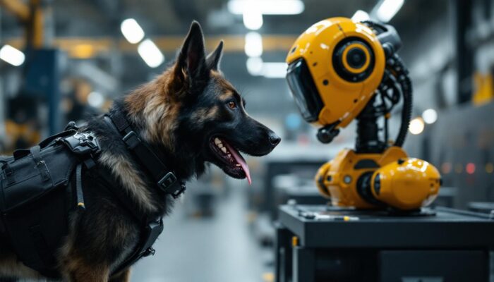 A photograph of a skilled protection dog in action alongside an advanced industrial robotic system