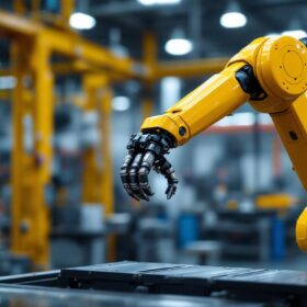 A photograph of a sleek industrial robotic arm in action