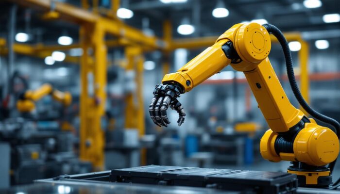 A photograph of a sleek industrial robotic arm in action