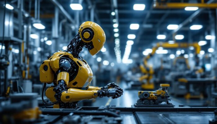 A photograph of a modern industrial robot in action on a factory floor