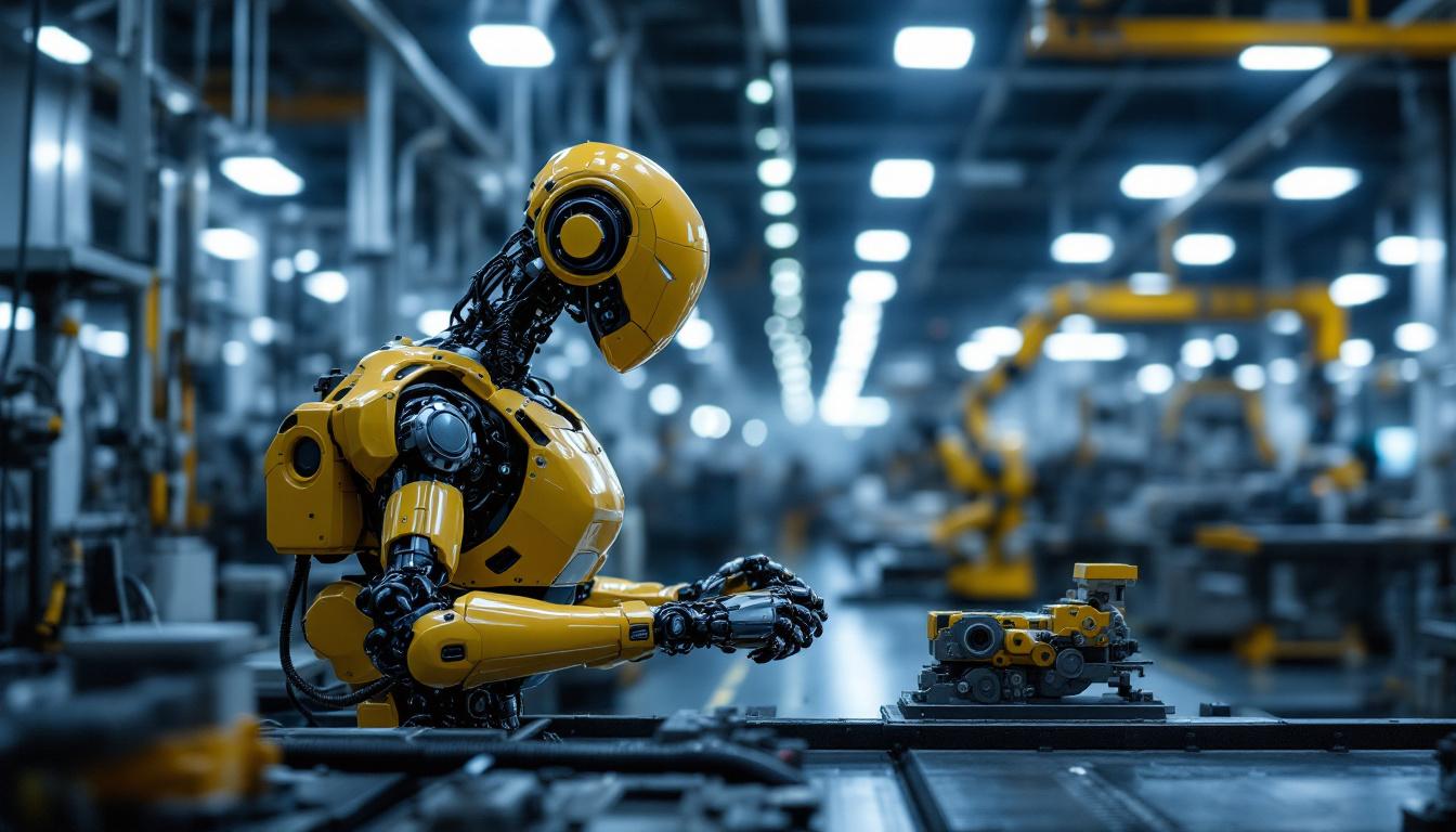 A photograph of a modern industrial robot in action on a factory floor