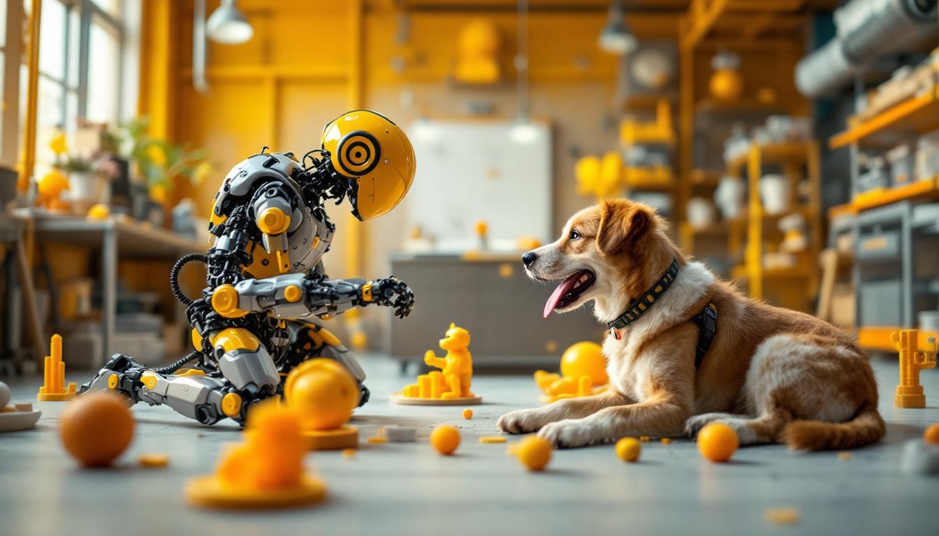 A photograph of a dynamic scene showcasing an industrial robot interacting with a playful dog in a 3d-printed environment